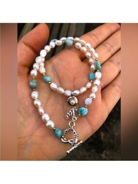 Artisan Larimar & Freshwater Pearl Choker • Sterling Pearl Charm • Handcrafted
